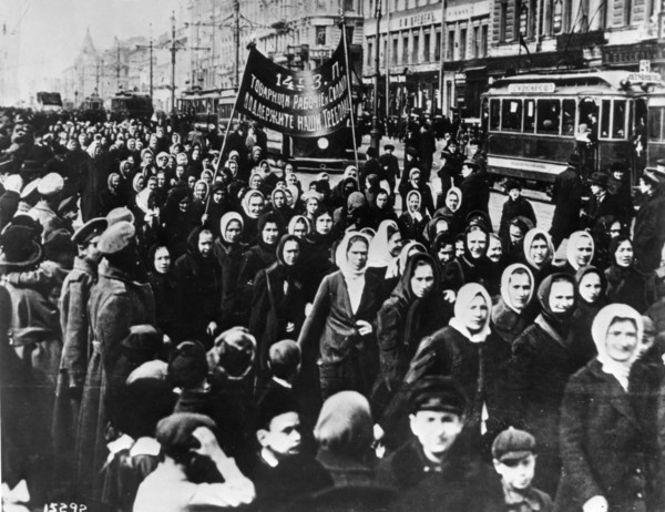 International women's day, women (mainly textile workers) demonstrate on petrograd's (st, petersburg) nevsky prospect shortly after the establishment of a provisional government, russia, february 1917...