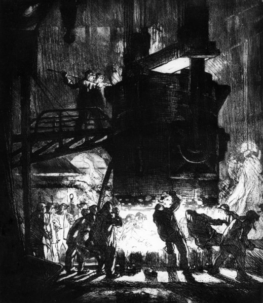 'pouring molten steel into ingot molds' - copper graphic by chen hsiao-nan.