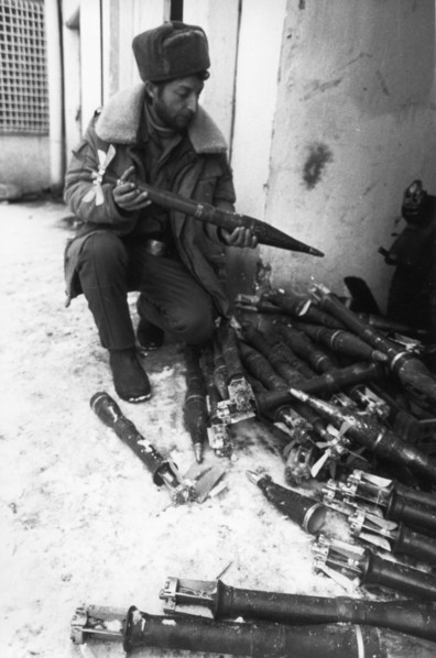 Nagorno karabakh region, azerbaijan, 1992, war trophies (rockets) taken by azerbaijan soldiers.