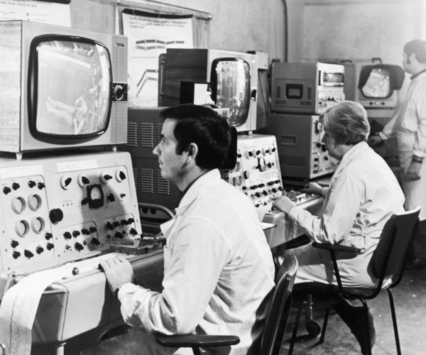 Soviet health resorts, doctors of the lermontov sanatorium in odessa, ukraine, on the black sea coast, observing patients during treatments, a patient in the sanatorium's swimming pool can be seen on ...