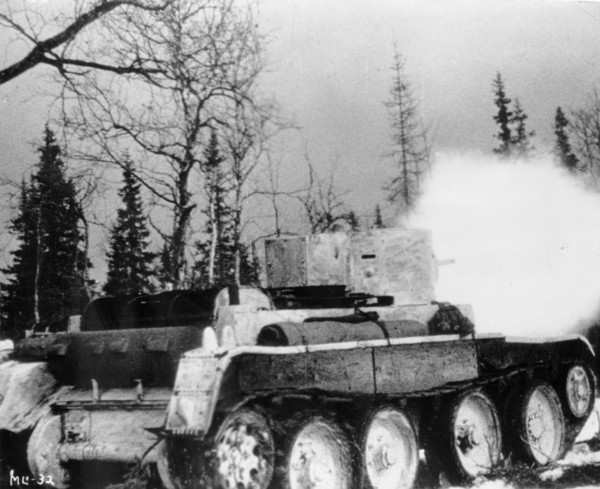 Soviet-finnish war, 1939-1940, a soviet red army tank firing, a still from the newsreel documentary film, 'mannerheim line'.