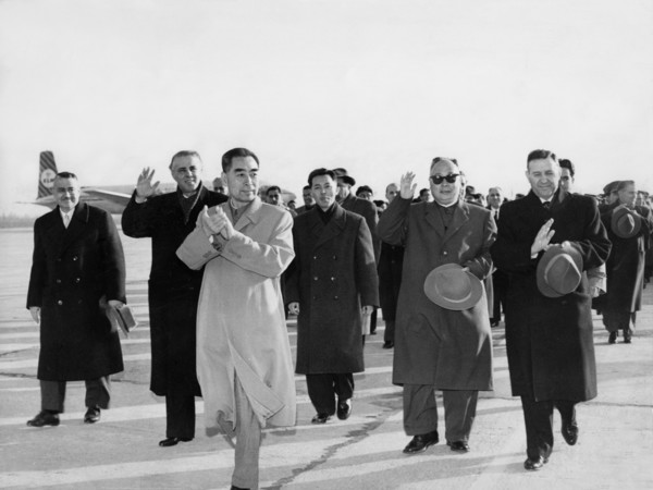 Chinese premier zhou enlai with enver hoxha at the airport uppon his arrival in albania, 1963.