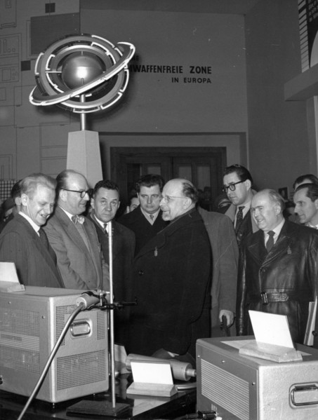 Leipzig spring fair 1958, walter ulbricht and a,n, kosygin (3rd from left) looking over the exhibits in the nuclear techniques pavillion.