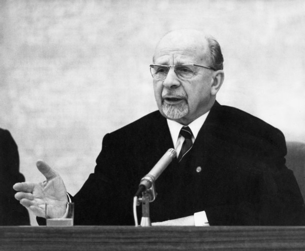 Walter ulbricht speaking at an international press conference in east berlin, january 19, 1970, he underlined the attitude of the gdr to the cause of safeguarding peace by concluding a treaty on the e...