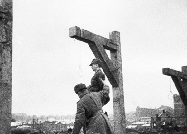 World war 2, december 19, 1943, still from a film on the kharkov trial produced by artkino, hans ritz being placed in the noose.