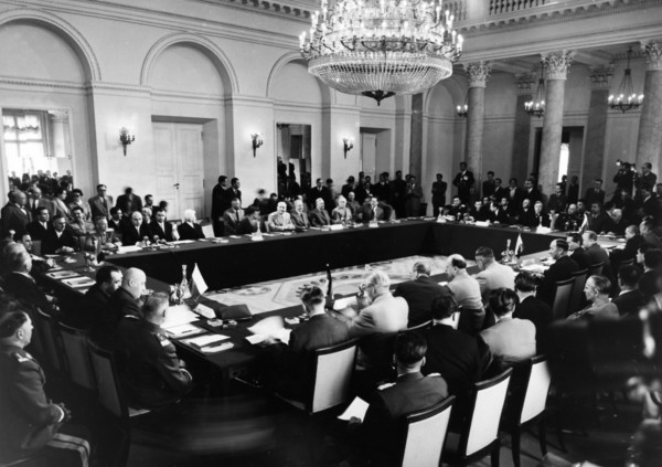 The conference hall during the warsaw conference for securing peace and security in europe (warsaw pact), 1955.