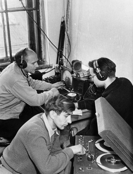 Laboratory assistants at the lvov state university receiving radio signals from sputnik 1, ussr, 1957.