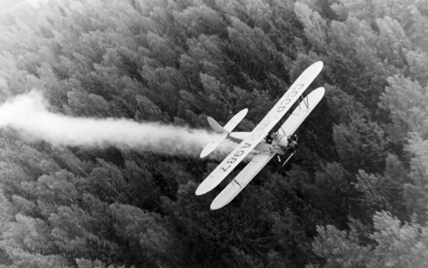 A polikarpov po-2 (u-2) biplane spraying pesticides over forests, late 1940s.