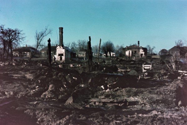 World war 2, photo taken by german soldier somewhere in occupied belorussia,  ruined homes.