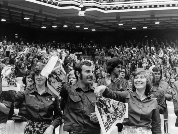 10th free german youth parliament in berlin, june 1976, delegates during a speech given by egon krantz, the first secretary of the fdj central council.