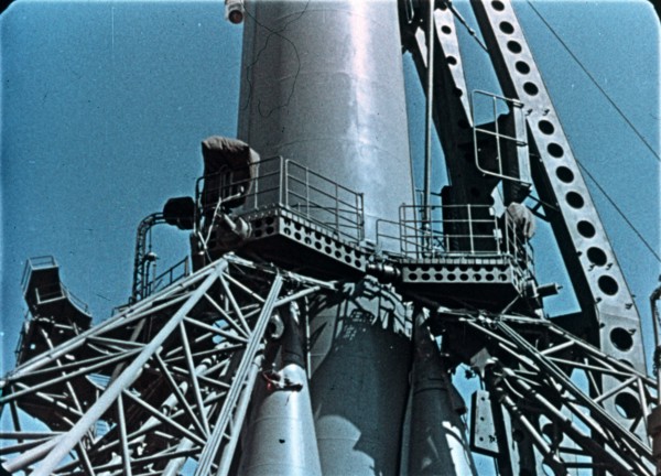Vostok 1 rocket being prepared for launch, 1961, this is a still from a soviet film of the launch.