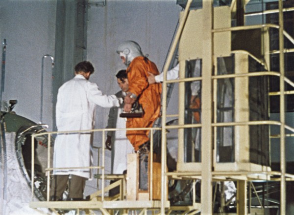 Soviet cosmonaut yuri gagarin boarding vostok 1 rocket in 1961, this is a still from a soviet film about the space program.