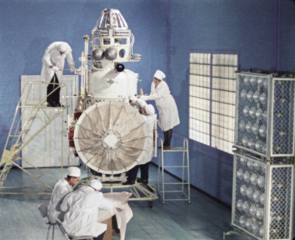 Soviet space probe venera 5 or 6 being prepared for it's launch in january 1969, this is a still from the film 'the storming of venus', produced by e, kuzis at the tsentrnauchfilm central scientific f...