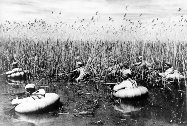 Soviet soldiers in flats of the kuban river in the krasnodar region,1944.