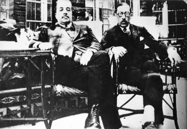 Choreographer and russian theater, dance, and art impresario, sergei diaghilev with composerigor stravinsky, whose ballets were staged by diaghilev's company during the 'russian seasons', september 19...