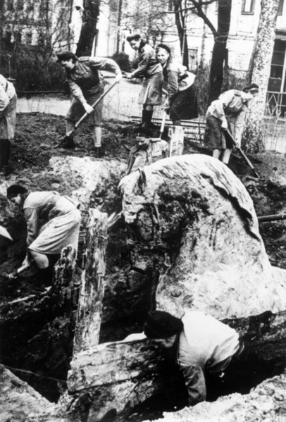Female soldiers dig out sculptures by pyotr klodt decorating the anichkov bridge may 1945, the sculptures had been dug in the garden of the palace of pioneers at the beginning of the blockade.