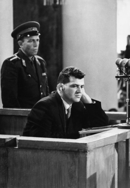 U2 spy plane pilot francis gary powers sits in the dock listening to a translation of the proceedings at his trial in august 1960, moscow, ussr.
