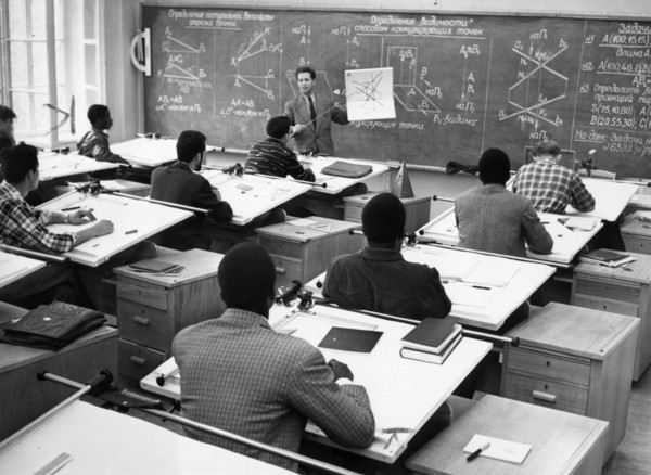 The peoples' friendship university in moscow, founded in 1960 and renamed the patrice lumumba university in 1961, an engineering class, october 1961.