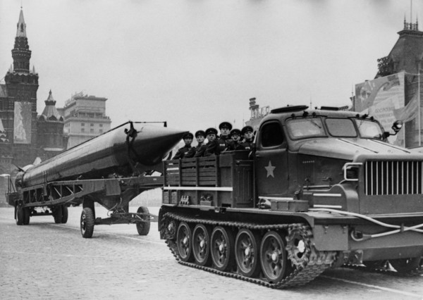 Sandal (ss-4) missiles being pulled by a personnel carrier tractor at a 1962 may day parade in red square, moscow, ussr, the ss-4 is a single-stage, liquid-fuel irbm with a choice of nuclear or conven...