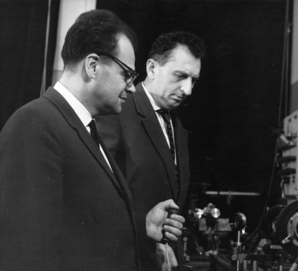 Soviet scientists nikolai basov (left) and alexander prokhorov, winners of the nobel prize in quantum electronics, doing research work, 1964.