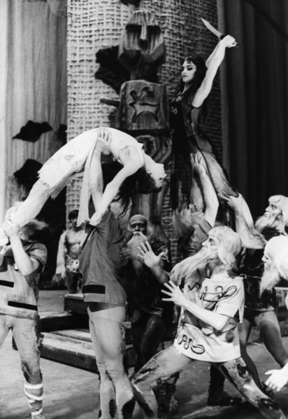 A scene from igor stravinsky's ballet rites of spring, bolshoi theatre production, moscow, ussr, june 1965, featuring n, kasatkina (r) and n, sorokina (l).