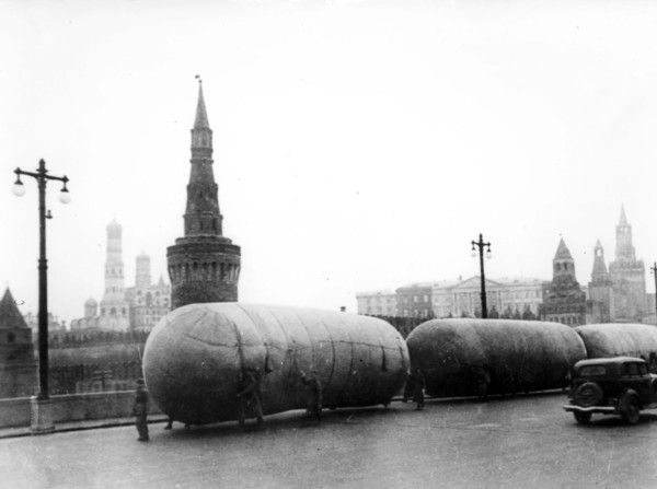 Transportation of anti-aircraft barrage baloons in moscow in october 1941.