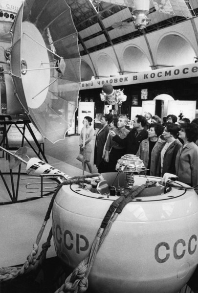 Replica of the landing capsule of the soviet space probe, venera 4 on display at the cosmos pavilion at the exhibition of national economic achievements (vdnkh) in moscow, 1969.