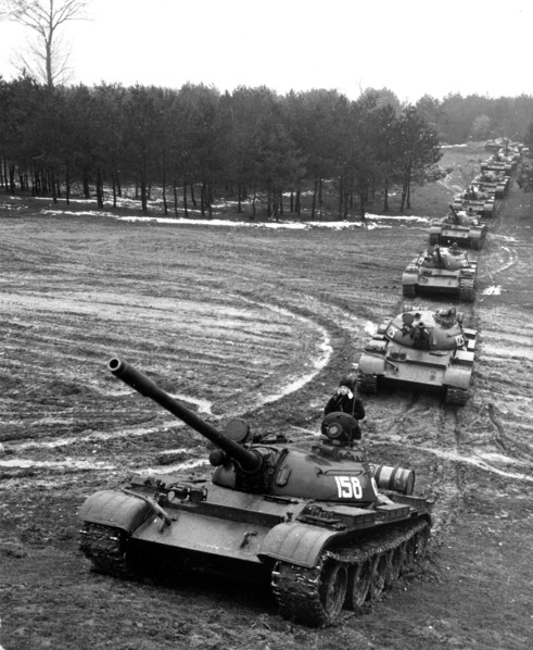 Carpathian military district, ussr, january 1972, a t-54 tank unit on the move during exercises.