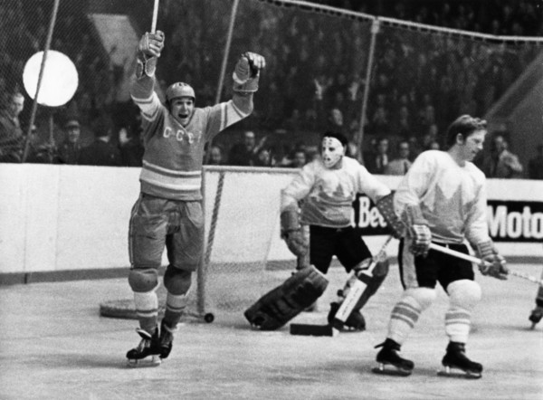 Alexander maltsev (left) after scoring during the 1st match between canada and the ussr at the central leningrad stadium won by the soviets, 5 to 4, september 25, 1972.