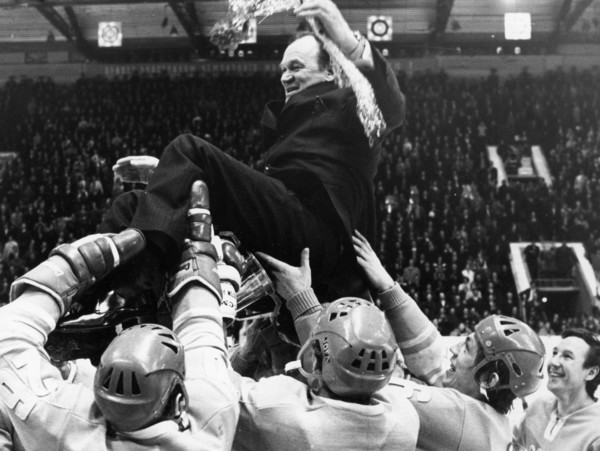 1973 world ice hockey championships, chief coach v, bobrov being hoisted up by the soviet hockey team after winning  the championship game against sweden 6 - 4.
