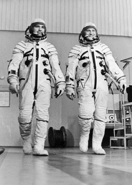 The soyuz 23 crew, commander v,d, zudov (left) and flight engineer valeri rozhdestvensky, during training at the yuri gagarin cosmonaut training center, october 1976.