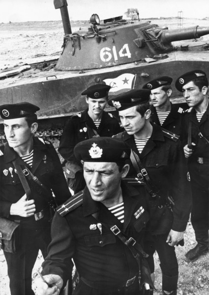 Ussr navy day, marines battalion commander ltc polosin outlining a task to squad leaders and a platoon commander during a training amphibious assault, july 1983.