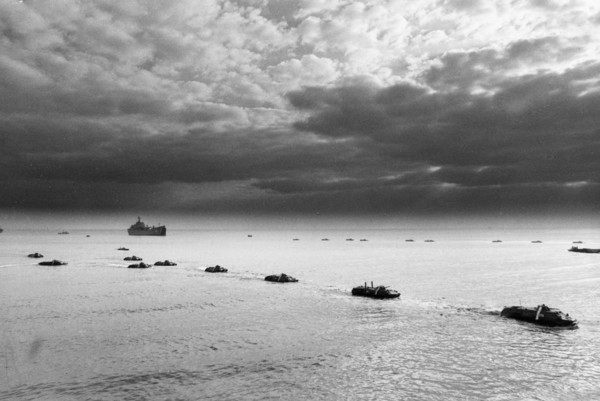 Soviet military exercises, amphibious apcs disembarking from aboard landing ships, october 1988.