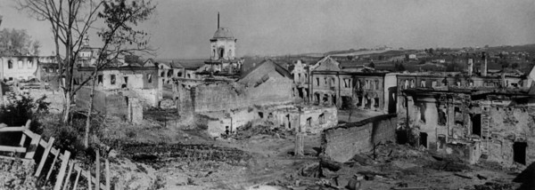Smolensk region, a view of dorogobuzh destroyed by german invaders, august 1941.