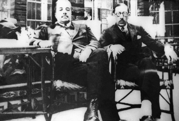 Choreographer and russian theater, dance, and art impresario, sergei diaghilev with composerigor stravinsky, whose ballets were staged by diaghilev's company during the 'russian seasons', september 19...
