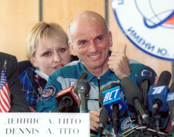 Moscow region, russia, may 8, 2001, the world's first space tourist, american businessman dennis tito (in pic), expressing his emotional appraisal of his space flight, during the first post-flight new...