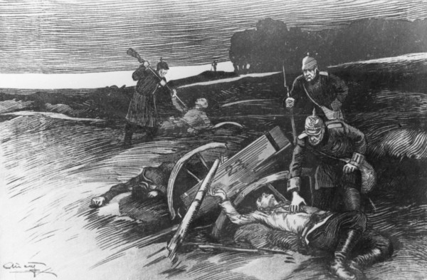 A world war one period popular print: german soldiers loot killed russian soldiers and kill the wounded.