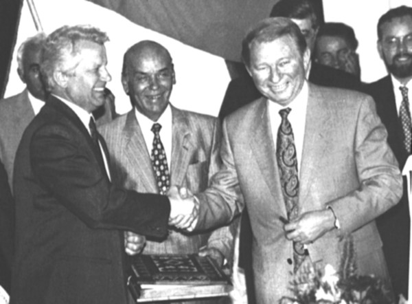 Ukrainian president leonid kuchma (right) and chairman of the ukrainian supreme soviet alexander moroz shake hands during the signing ceremony of the new ukrainian constitution held in marllnsky palac...
