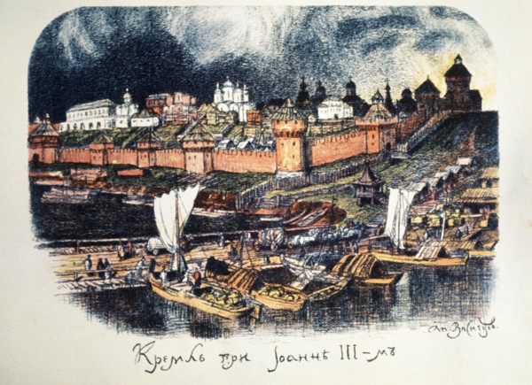 Drawing of 16th century moscow during the reign of ivan lli (ivan the great) by apolinary vasnetsov (1856 - 1933).