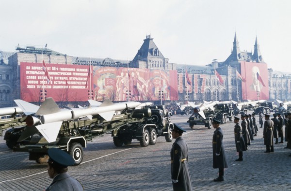 Trucks bearing sa-2 surface-to-air missiles at a military parade in red square celebrating the 66th anniversary of the great october socialist revolution, november 7, 1983, moscow, ussr.