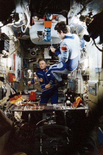 Cosmonauts vladimir kovalyonok (soyuz 29, right) and sigmund jahn from the gdr (soyuz 31) aboard the salyut 6 space station, august 1978.