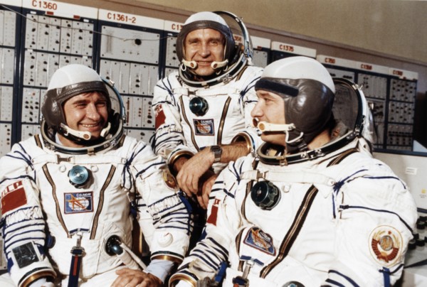 Salyut 6, soyuz t-3, soviet cosmonauts gennady strekalov, oleg makarov, and leonid kizim during training, 1980.