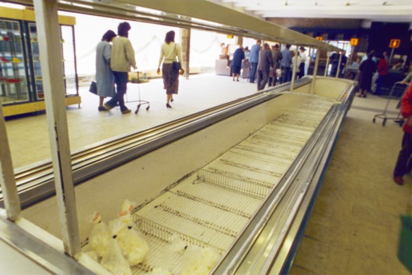 Empty meat cases at grocery store n4 in moscow, restrictions on the sale of food and consumer goods to non-muscovites, imposed by the capital's new authorities, hasn't done much to increase the select...
