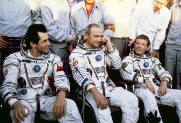 Salyut 7, soyuz t-6, cosmonauts aleksandr ivanchenkov, vladimir dzhanibekov, and jean-loup chrétien (france) during training, 1982.