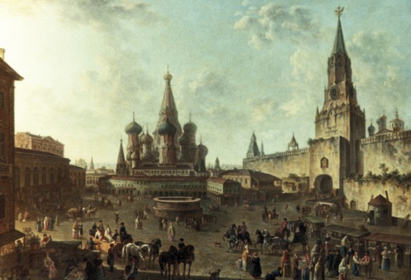 An oil painting of red square in moscow by fyodor alexeyev (1801).