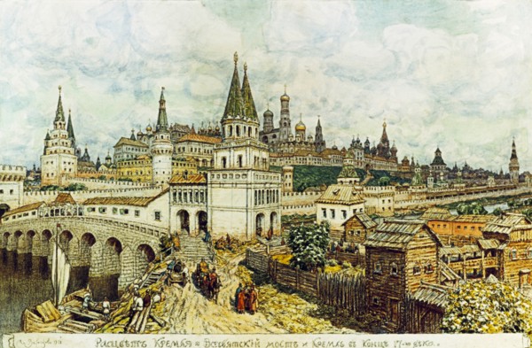 A painting of the all-saints bridge and moscow kremlin in the late 17th century by apollinari vasnetsov.