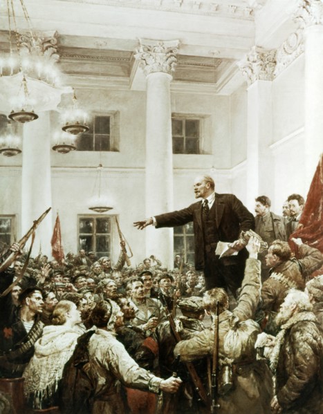 Lenin declaring soviet power' by v, serov, this is the second version of this painting with stalin, sverdlov, and dzerzhinsky added.