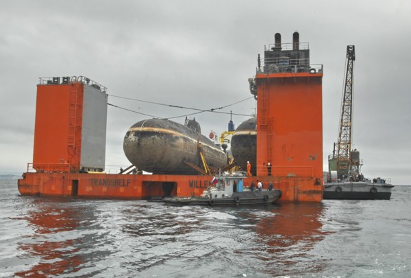 Maritime territory, russia, july 10, 2009, dutch ‘transshelf’ transport vessel carrying two shchuka class nuclear-powered submarines on board arrives at far eastern shipyard zvezda, the decommissioned...