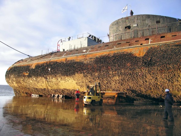 Murmansk region, russia, september 08, 2006, the decommissioned nuclear-powered submarine k-60 with a reactor aboard is transported on the dockwise (dutch heavy lift shipping company) semi-submersible...