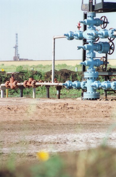 Orenburg region, russia, a natural gas well in euorope's biggest natural gas deposit in the orenburg steppe, gas from the deposit is processed at orenburg gas plant, an operation of the gazprom compan...